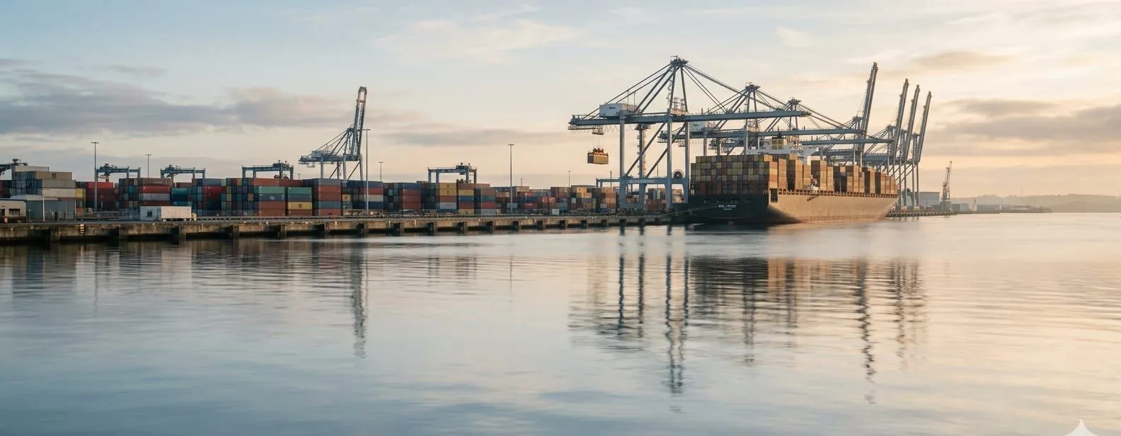 Container shipping terminal at dawn with cranes and stacked cargo containers, illustrating ISF 10+2 import filing, by Joe Blanchard, Asheville NC